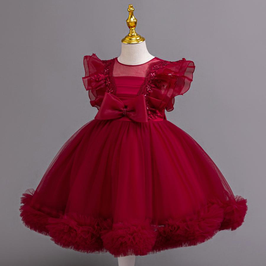 New Kids Net Lace Princess Dress with Frills, Large Size Girls' Birthday Outfit
