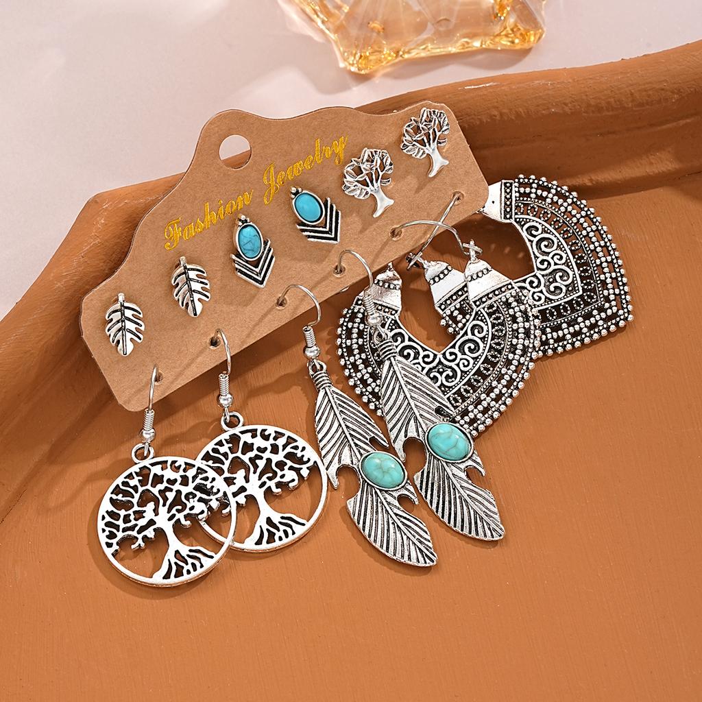 Bohemian Vintage Tibetan Silver Color Earring Sets For Women Ethnic Geometric Heart Shape Leaf Shell Drop Earrings Jewelry Gifts