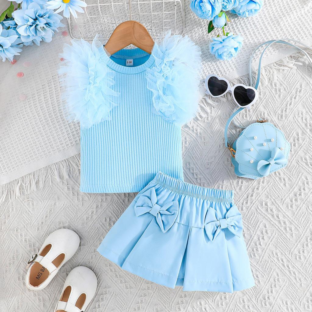 Sweet Sky Blue Girls Mesh Sleeve Top Bowknot Half Skirt Set
