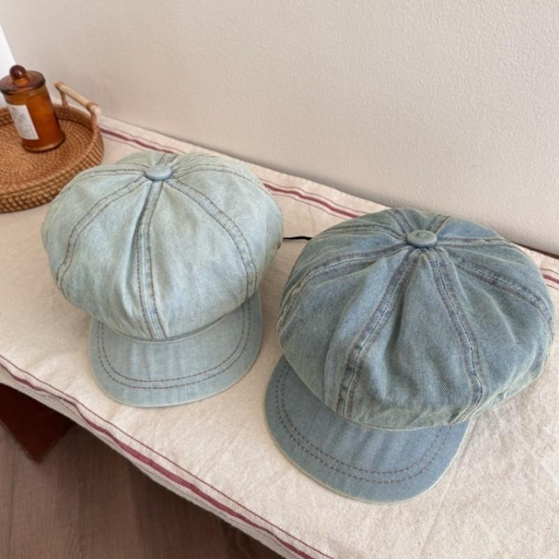 Large Head Circumference Denim Beret Hat Round Top Style With Short Brim Stylish Cloud Design Cap