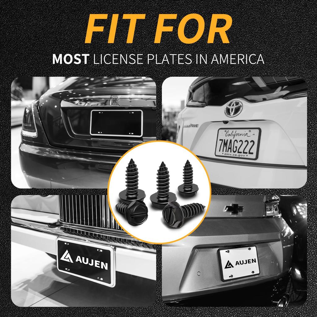 Aujen License Plate Screws, Rustproof Stainless Steel License Plate Screw Kit, Suitable for Screw Holes Size of 3/4" X 1/4" License Plate Bolts,