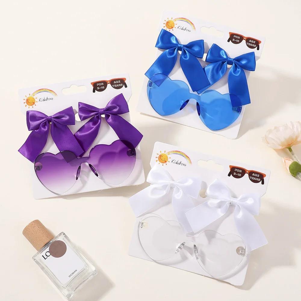 3pcs/Set Cartoon Peach Sunglasses with Ribbon Bows Hairclips for Kids Girls Summer Beach Hair Accessories Cute Hairgripes Glasse