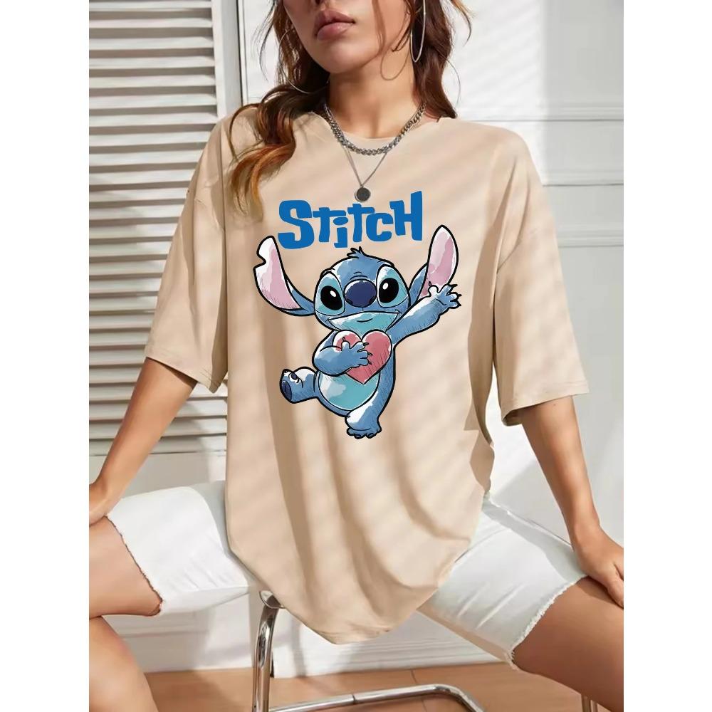 Funny 100 Cotton Stitch Love Graphic Print TShirt for Women Casual Short Sleeve Tee Cartoon Design