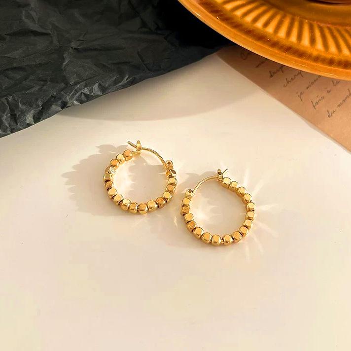 Vietnamese Gold Small Sugar Cube Crushed Earrings: Trendy Circle & Square Stud and Hoop Design