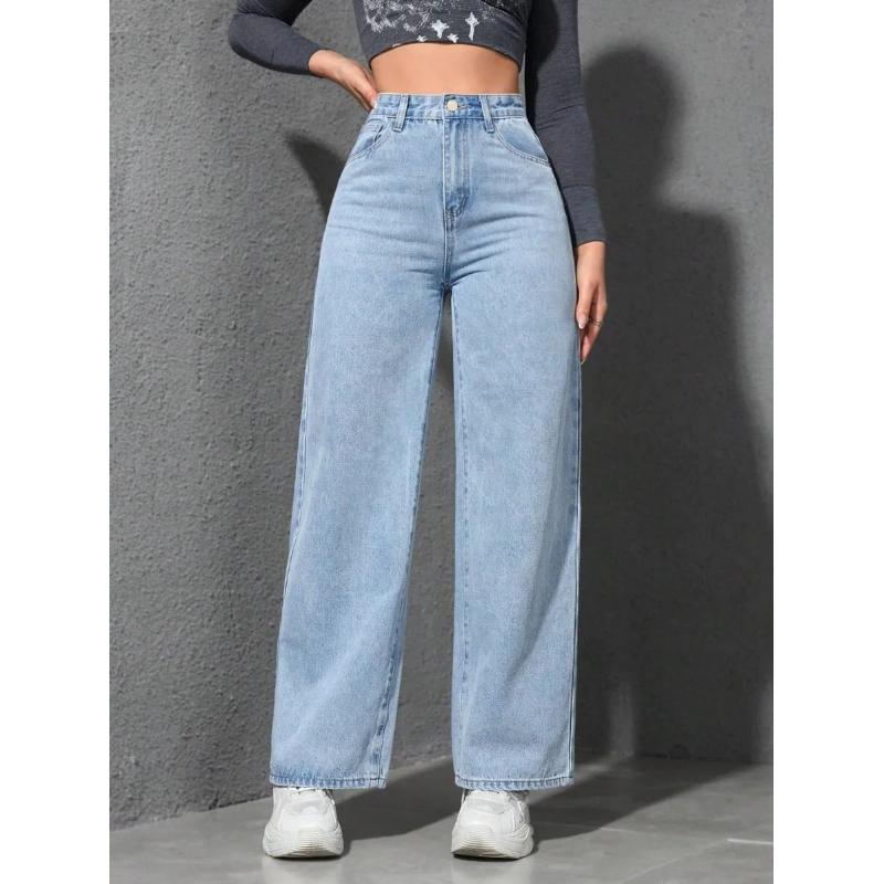 Retro Loose Wide Leg Jeans Fashion Women Solid Straight Wash High Elastic Waist Denim Pants Casual Streetwear Pocket Trousers