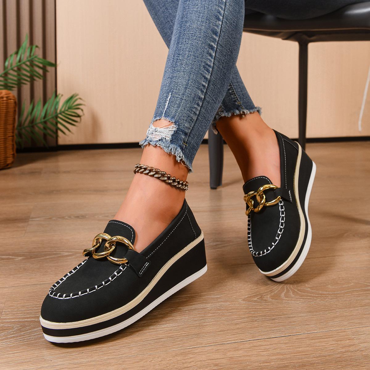 

Women s Platform Shoes with Thick Striped Sole, Metal Buckle, and Wedge Heel. Slip-On, Height-Boosting Design. 36 чорний