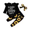 Spedbarn Baby Girls Letter Romper Body + Solsikke Print Bukser + Pannebånd antrekk