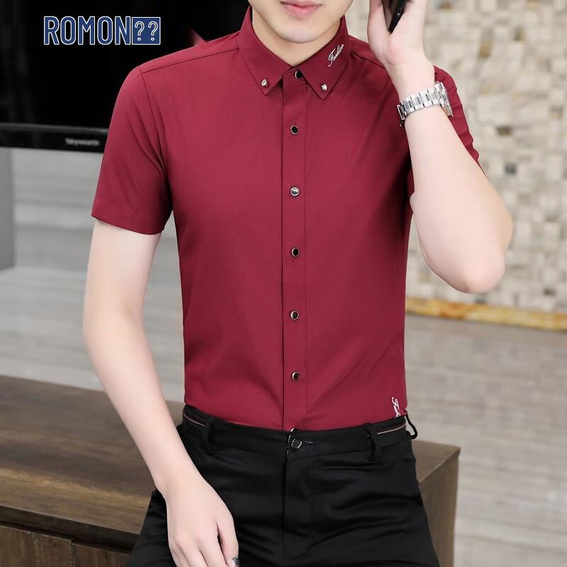 ROMON Men s Embroidered Stretch Short Sleeve Shirt 4XL