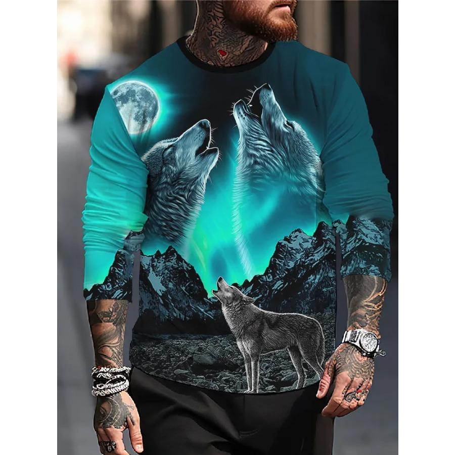 T Shirt for Mens Wolf Pattern Print Long Sleeve Leisure 3D Polyester Man's T-shirts