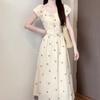 Temperament thin floral long dress summer new printed French bow bubble sleeve waist dress