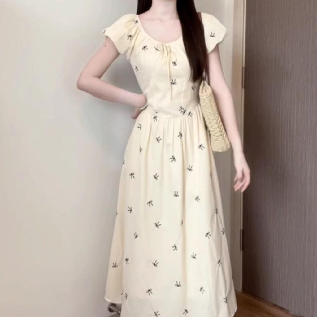Temperament thin floral long dress summer new printed French bow bubble sleeve waist dress