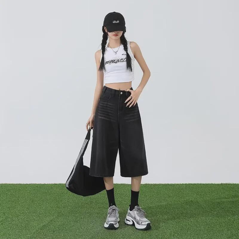 Women's Black Washed High Waist Wide Leg Denim Shorts - Summer Trend