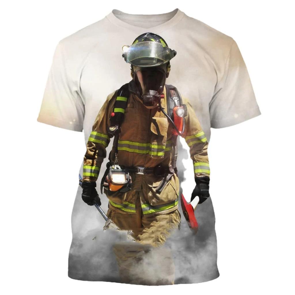 Summer Round Neck 3D Firefighter Print Top Fashionable Casual Short Sleeved Men's T-shirts