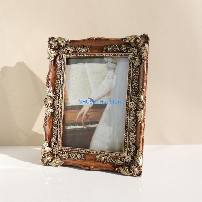 Luxurious Resins Picture Frame Vintage European Designs Flower Carvings Photo Frame for Tabletop Display or Wall Hanging D57B
