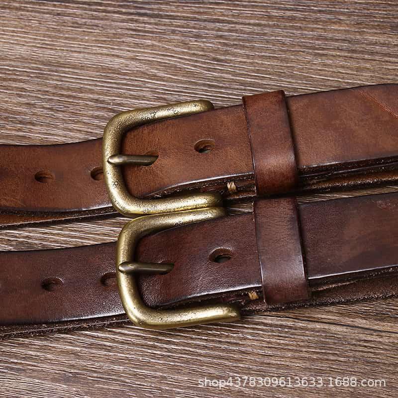 3.3CM Washed Retro Distressed Thickened Pure Cowhide Belt, Men's Genuine Leather Needle Buckle Trendy Versatile Denim Belt