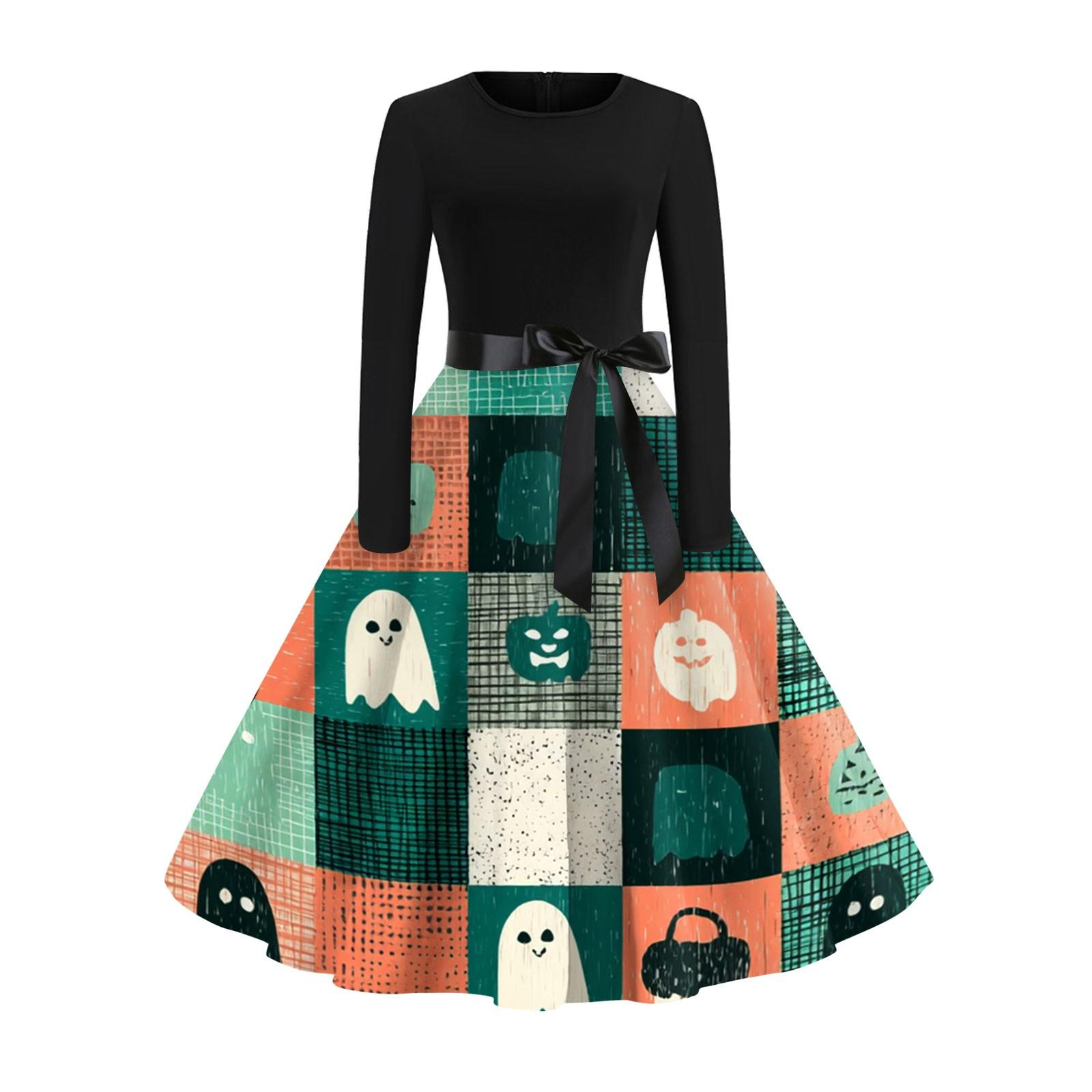 

Женское модное повседневное платье с круглым вырезом, принтом на Хэллоуин и длинными рукавами XXL