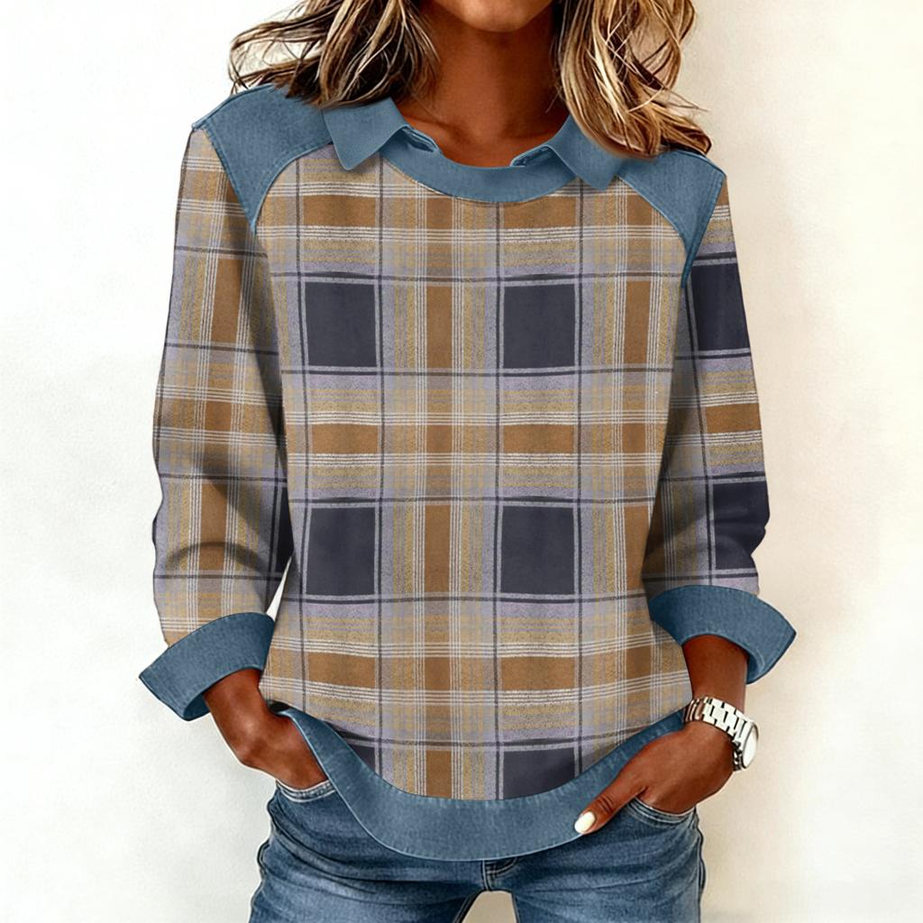Felpa Casual da Donna Patchwork di Denim a Maniche Lunghe Svasate con Stampa