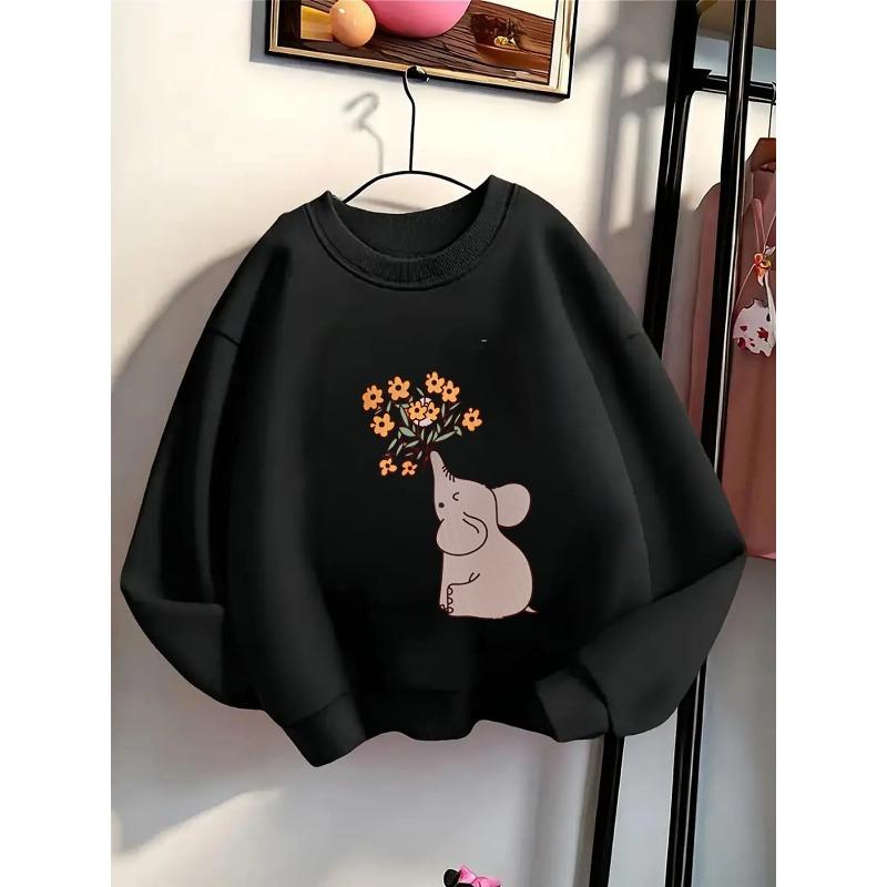 European sizes Kids' Round-Neck Hoodie | Elephant Holding Flowers, Sportswear and Casual Wear, Soft and Comfortable, Easy to Care For, Playful Design