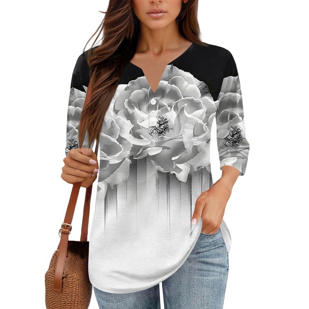 Women's Floral Print V,Neck Casual Three,Quarter Sleeve Button,Detail Top