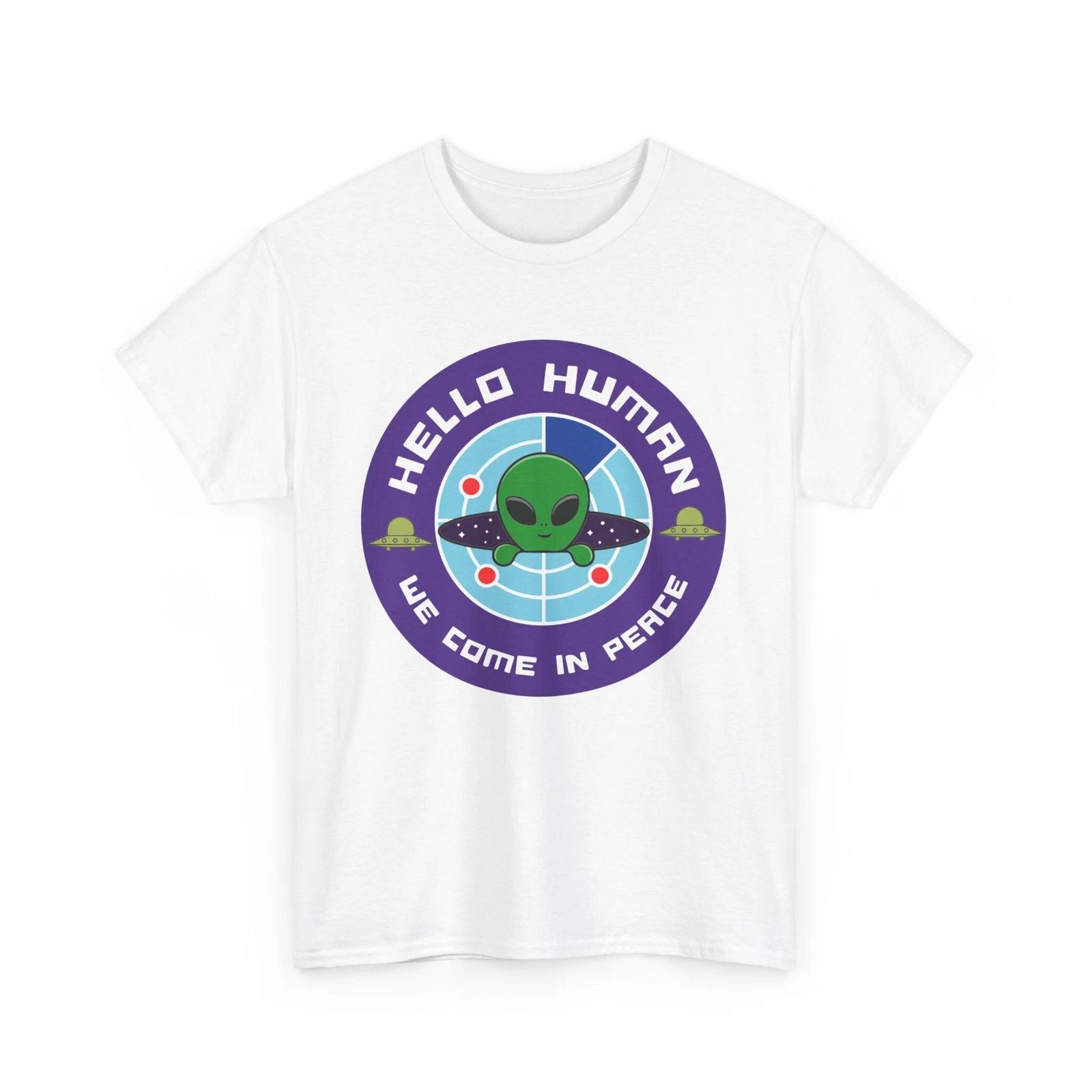 Space Alien T-Shirt | UFO Design Graphic Tee | Hello Human We come in Peace tee M