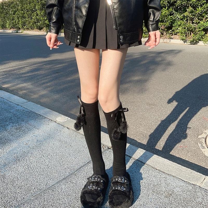 Damen kniehohe Socken Strümpfe Lolitas Schleife Schnürung Wadenstrümpfe Bommel Oberschenkelhohe Strümpfe Süß Niedlich Überknie-Socken