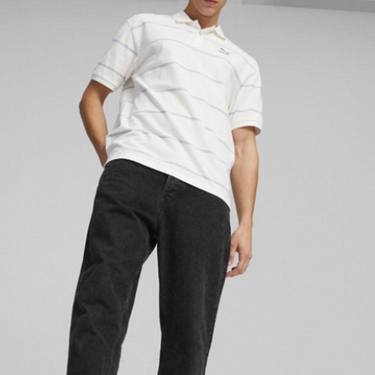 Puma Team Logo Letter Print Contrasting Stripe Comfortable Breathable Loose Casual Short Sleeve Polo Shirt Men Tops White 627122-02