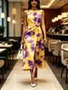 Abito midi girocollo senza maniche con stampa floreale acquerello viola colore giallo abbigliamento donna moderno elegante casual alla moda per primavera estate