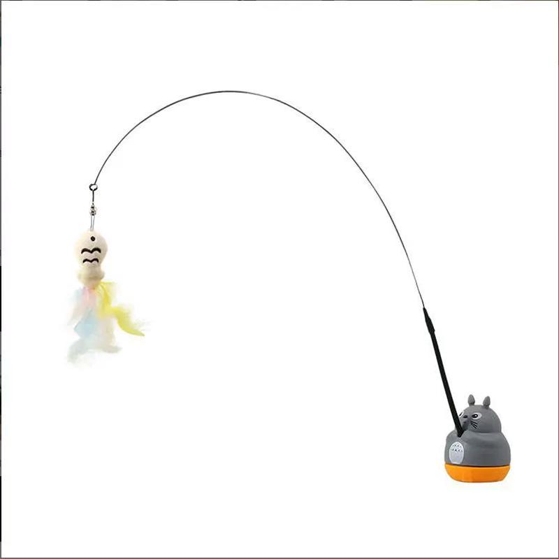 360-Degree Rotating Cat Teaser Toy with Dragon Totoro Design Steel Rod Fish Head with Bell for Cat Entertainment Cat Supplies