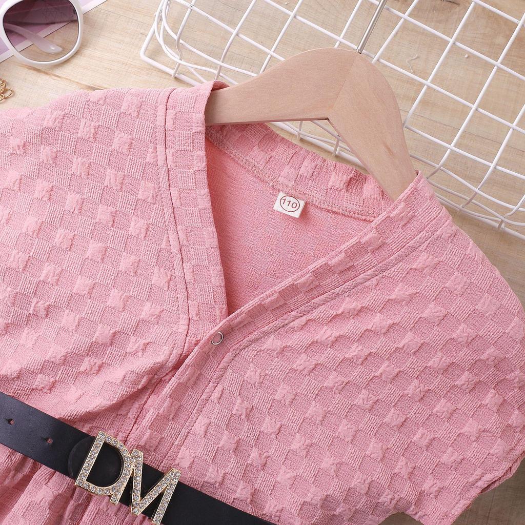 Girls' Fashionable Dress, Summer Children's Solid Color Square Elastic Short-sleeved Petticoat with Belt
