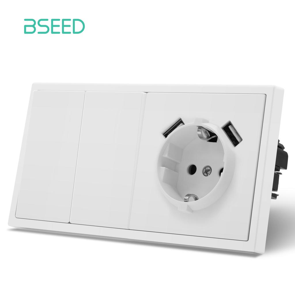 BSEED 1/2Gang Mechanical Light Switches Large Buttons 1Way With EU Socket 2USB Charging Ports Plastic Panel  No LED Light White