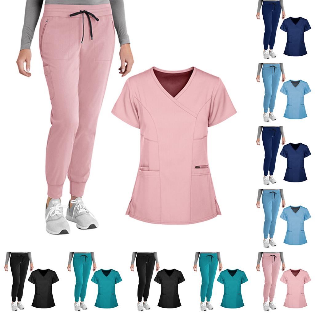 Women's Loose And Comfortable V-neck Short Sleeved Workwear With Top And Beauty Suit Set