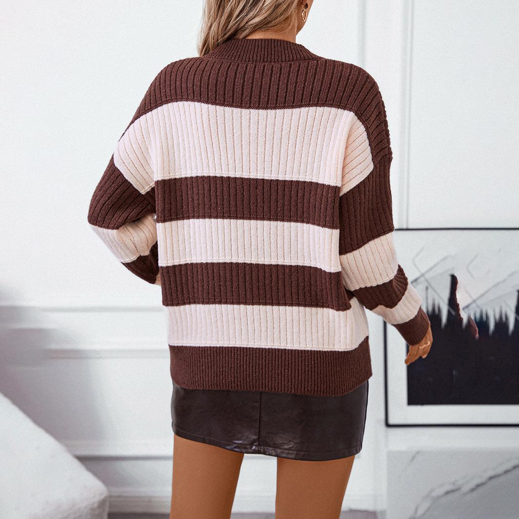 Осень-зима Винтажный свободный длинный рукав с капюшоном свитер в полоску трикотажный — фото 3