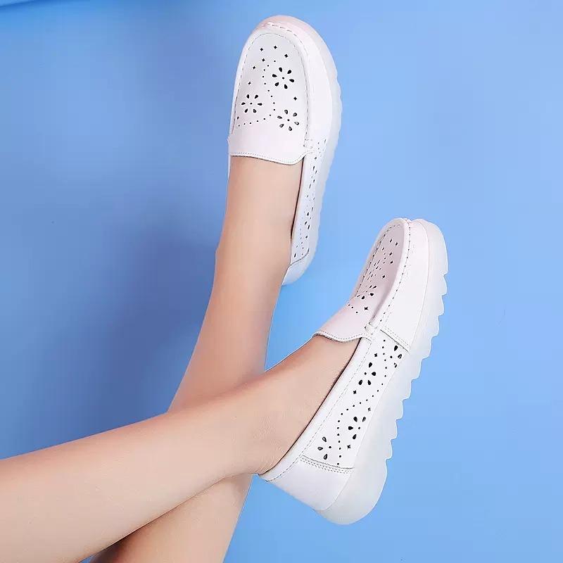 Medical Shoes Hollow Non-slip Nurse Shoes Women's Hole Shoes Are Not Tired Feet Soft Soles Breathable Summer Deodorant Flat Bottom Real Cowhide