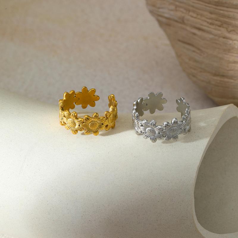 Stainless Steel Sunflower Flower Rings for Women Exquisite Gold Silver Color Irregular Texture Finger Rings Wedding Jewelry Gift