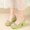 Transparent High Heels Cool Slippers Women's 2025 Outer Wear Crystal Thick Heel French Temperament One-word Women's Slippers
