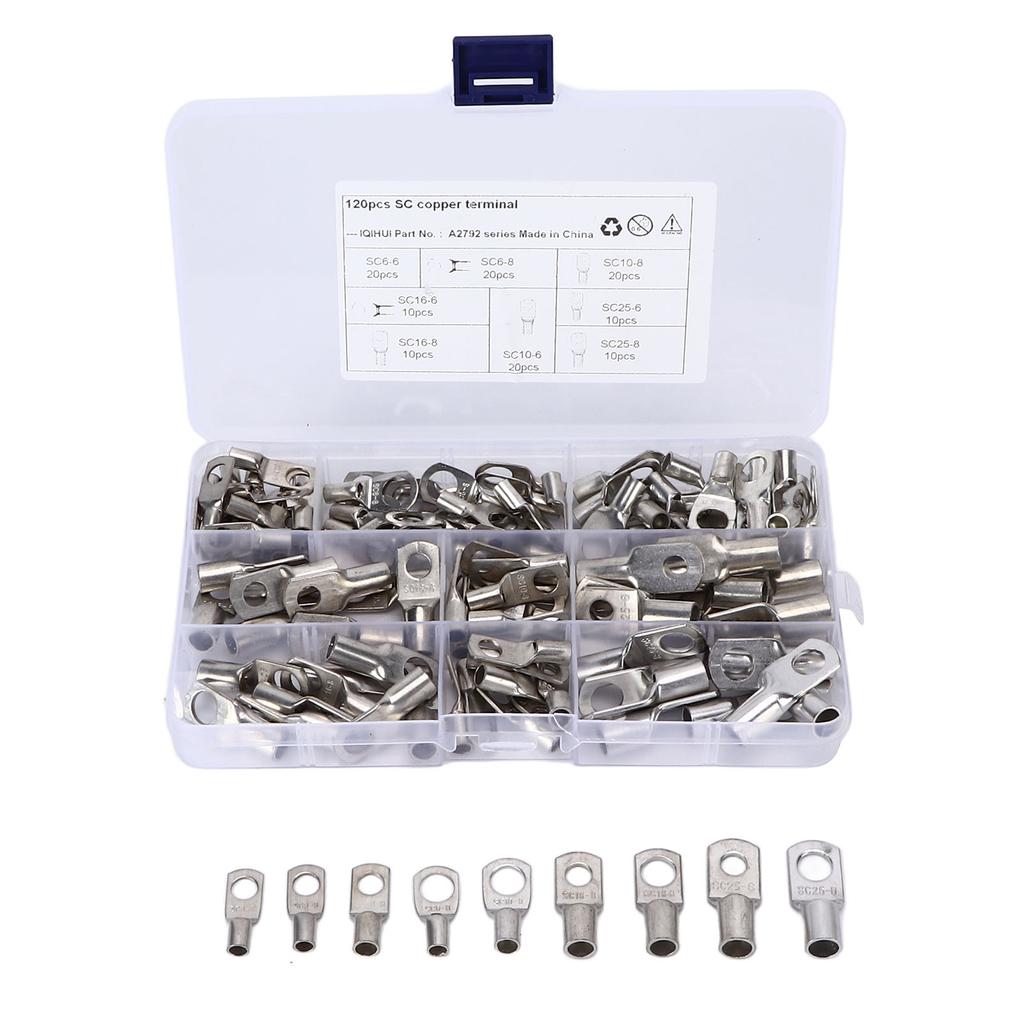 120pcs Battery Crimp Terminals 8 Sizes Copper T2 Tinned SC Wire Ring Connector for Marine Automotive