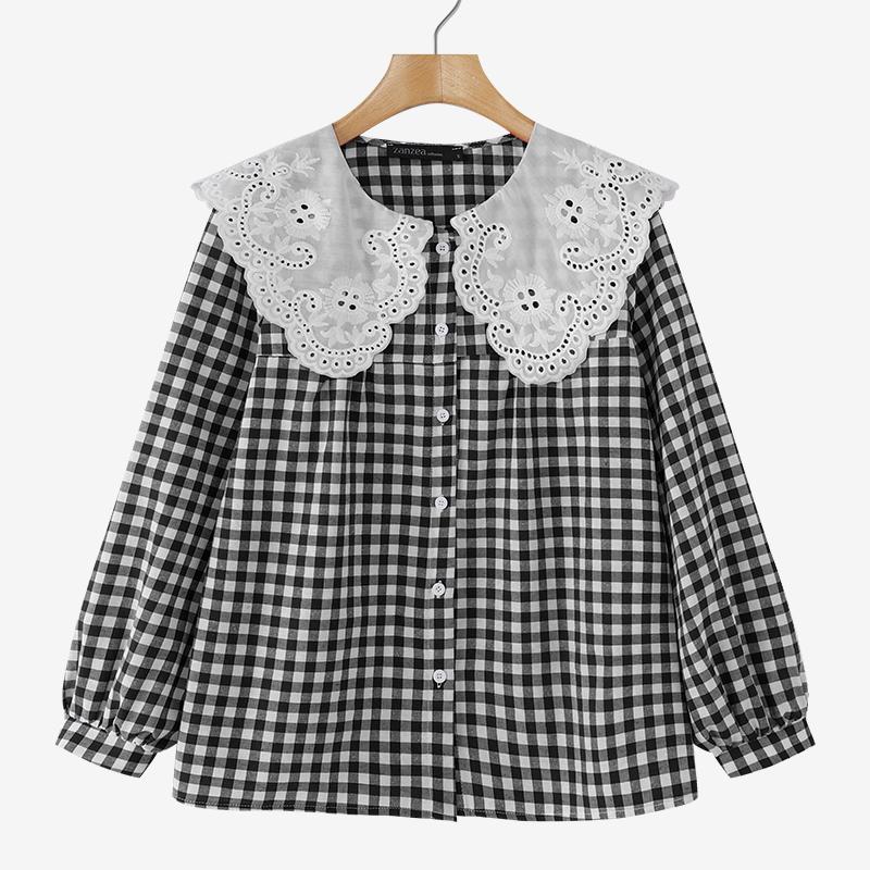 

ZANZEA Женская повседневная блузка с длинным рукавом и сетчатым принтом в стиле пэчворк с воротником-куклой S чёрный