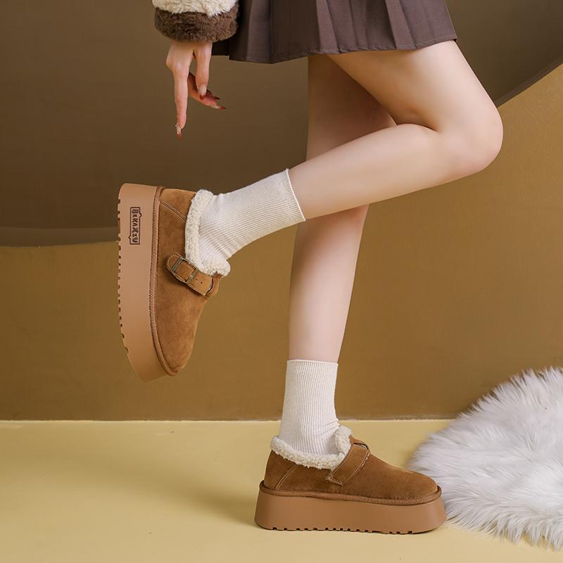 Mode 2025ny Vinter Retro Päls Boken Skor Kvinnor Plus Sammet Bönskor Lättplattform Slip-on Varma Bomullsskor