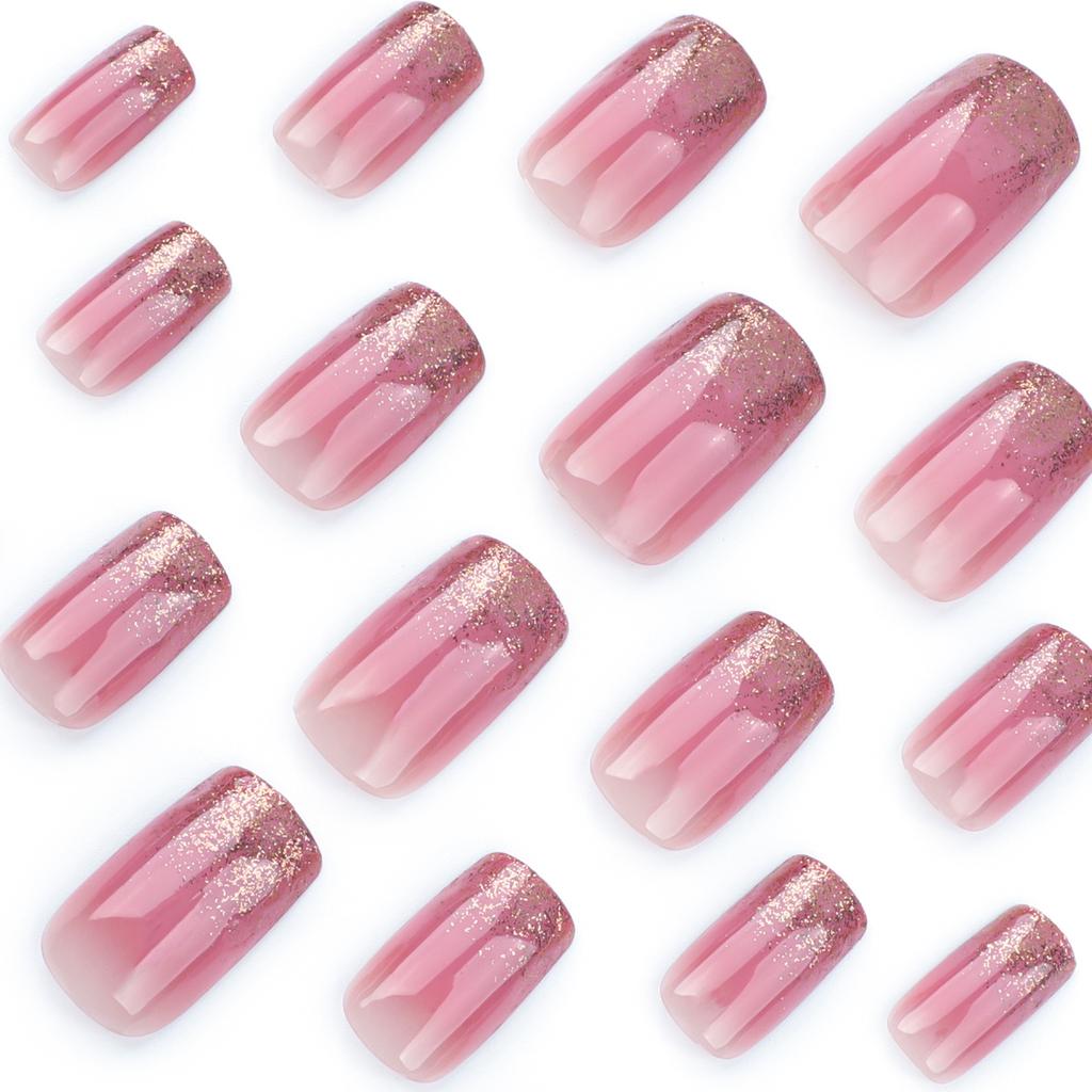 24pcs Golden Glitter Powder Gradient Nail Art Wear Short European Square Fake Nail Simple Nail