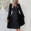 Black High Waist Pleated A Line Dress for Women V Neck Long Sleeve Lace Up Early Autumn Fashion