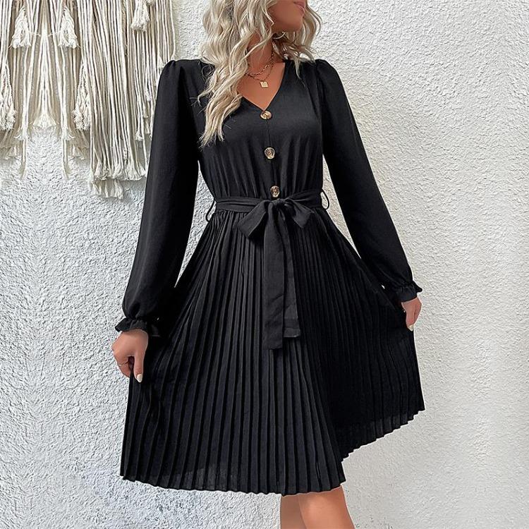 Black High Waist Pleated A Line Dress for Women V Neck Long Sleeve Lace Up Early Autumn Fashion