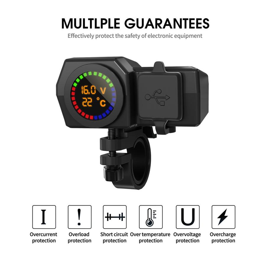 Waterproof Motorcycle Dual USB Phone Charger Adapter w/ Voltmeter & Temp Display