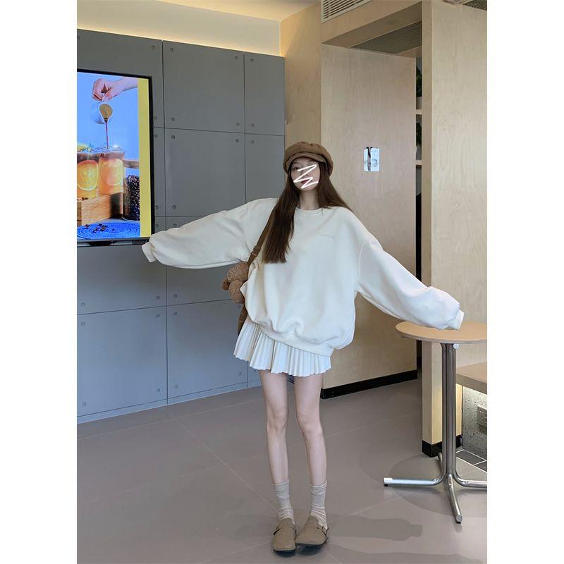 

Kumikumi Idle Style round Neck Long Sleeves Pullover Sweaters Women s Clothing Autumn Slimming Pleated Skirt Skirt Two-piece Set Apricot skirt L