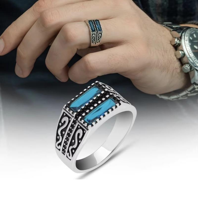 TEMU cross-border hot selling new business alloy inlaid zircon rings European and American men s rings 8&Silver Plated синий