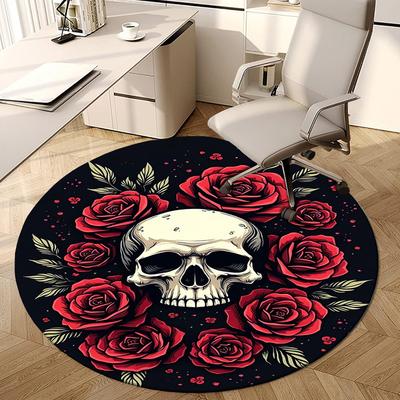 1pc Skull and Roses Tattoo Design Round Carpet, Made of Polyester,Perfect for Decorating Office Chairs, Living Rooms,Vibrant Decorative Rug