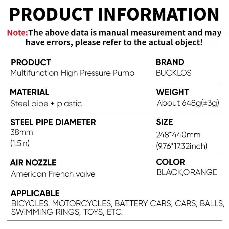 BUCKLOS 160PSI Bike Pumps Schrader/Presta Bicycle Tire Valve Pump Inflator High-Pressure Gauge Tire Inflator for Motorcycle