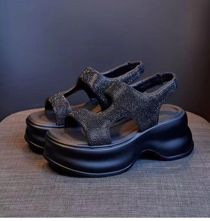 

Массивные сандалии на платформе с блестками Женские Новые туфли на высоком каблуке Нескользящие эластичные шлепанцы Клиновидные кроссовки 8 см Женские Пляжные Летние Сандалии 40 чёрный