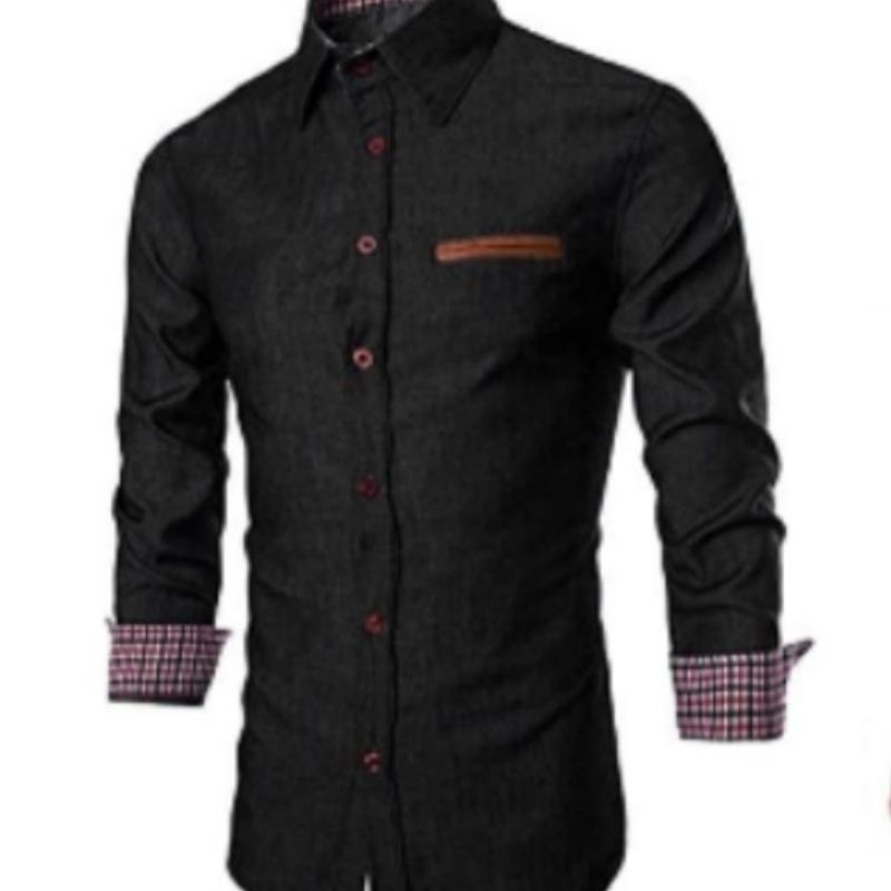 

Мужская повседневная рубашка, карманная кожаная хлопковая тонкая рубашка с длинным рукавом, джинсовая рубашка, мужская 3XL чёрный