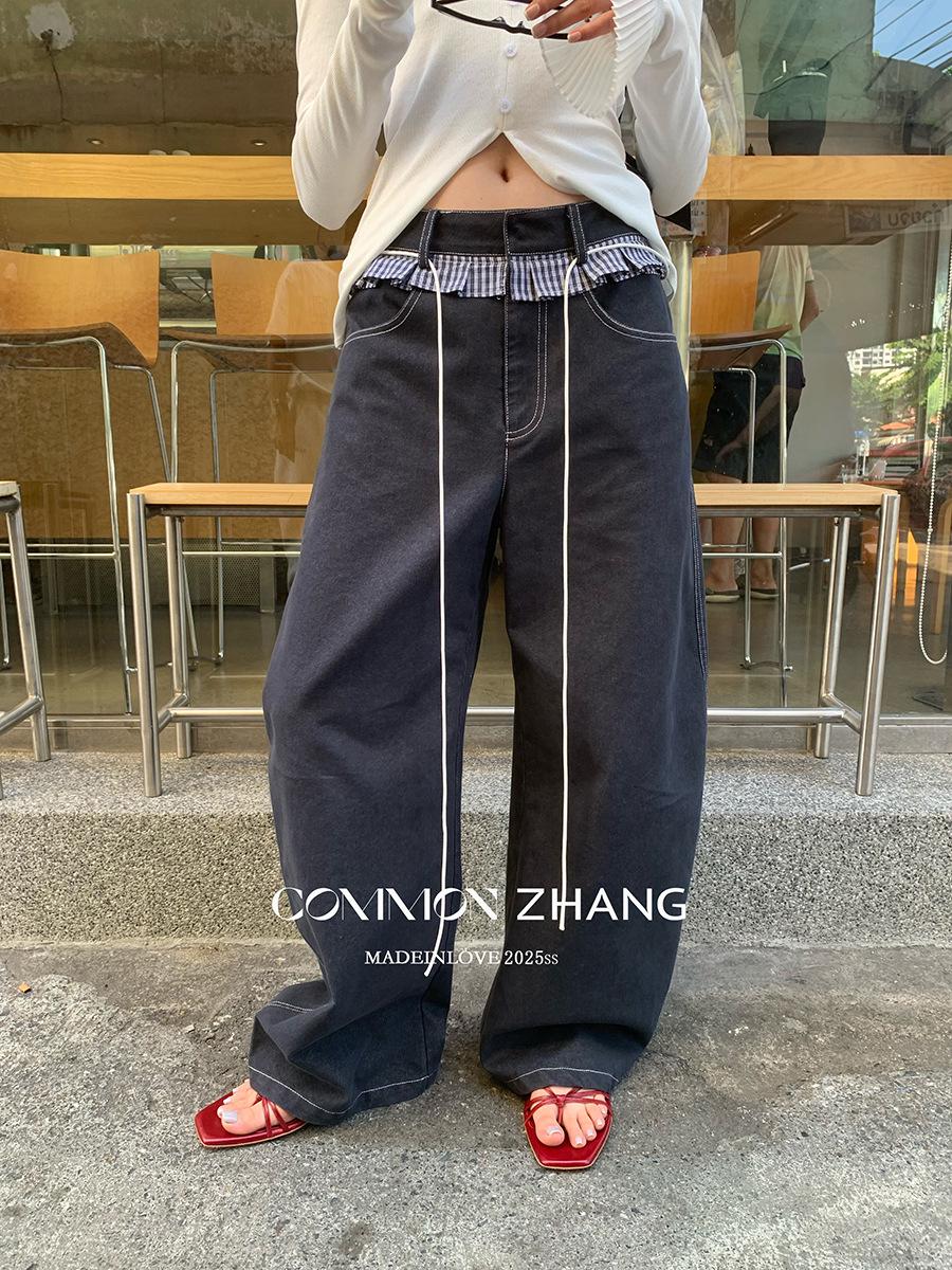 

CZ ZHANG Korean Urban Lace-Up High Waist Wide-Leg Floor-Length Jeans B11231 S темно-синий