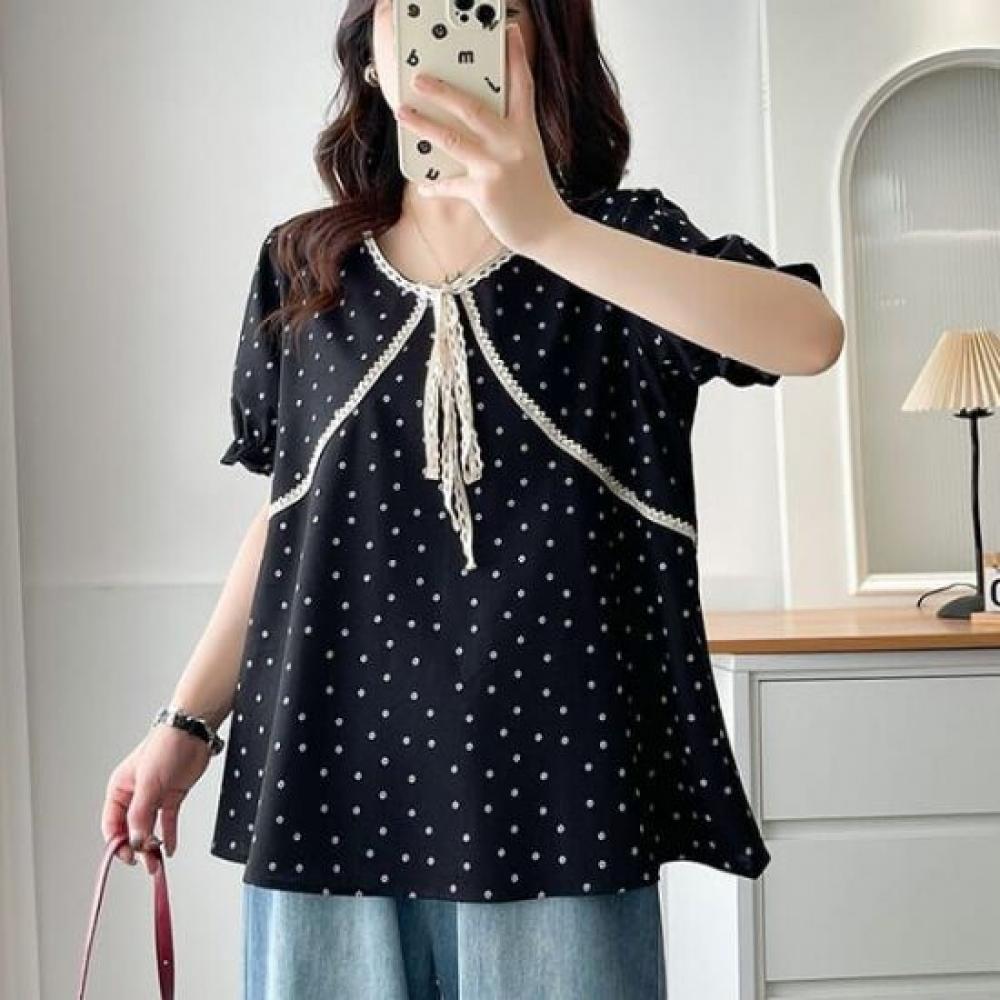 NaVaVa Women LoVely Dot V Neck Lace Short sleeVe Blouse Nb2669